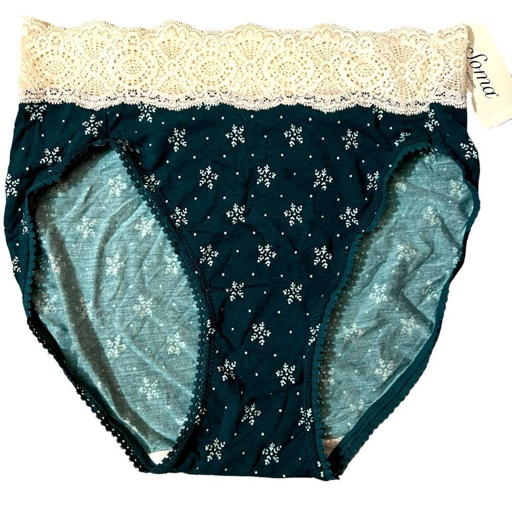 Soma Green and White Snowflake Lace Top High Leg Panty Sz S